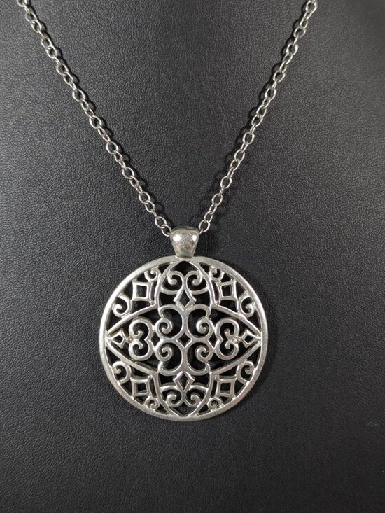 American Eagle Silver Tone Medallion Pendant Necklace Long Boho 30" - Picture 1 of 8